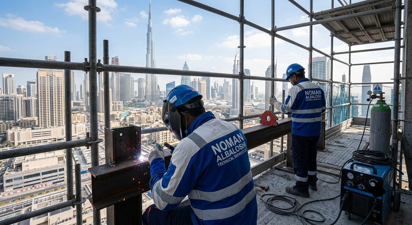 Noman Albaloshi welders working on structural steel above the Dubai skyline